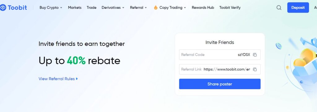Toobit Referral Code (szYDSX) you'll 40% rebate on trading fees