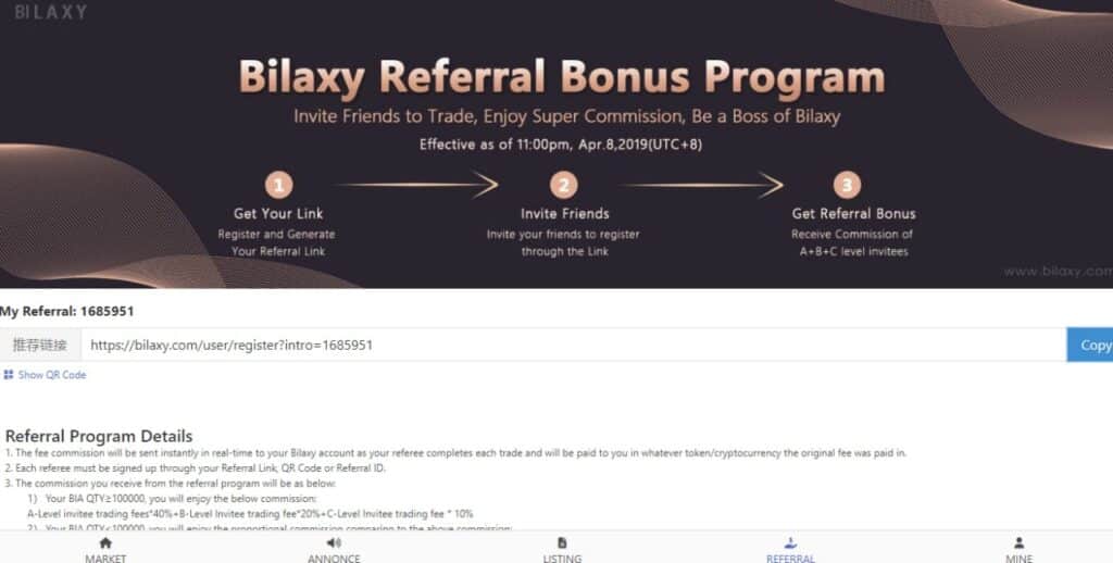 Bilaxy Referral Code (1685951) you get 40% rebate on trading fees.
